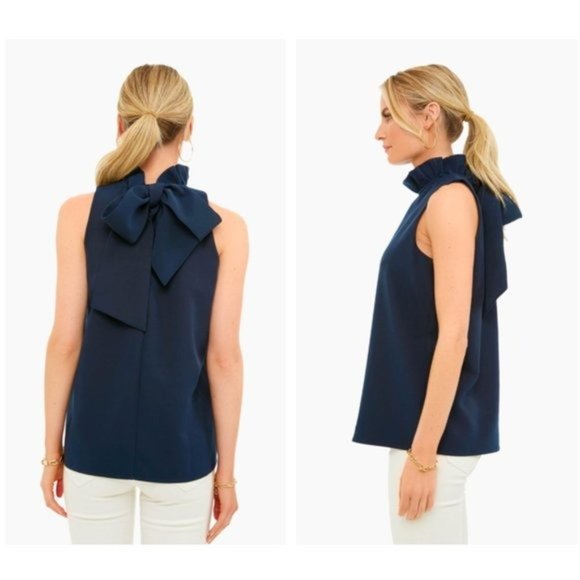 Tuckernuck | NEW Navy Mason Preppy Ruffle Collar Bow Tie Top Size XS - Picture 2 of 11